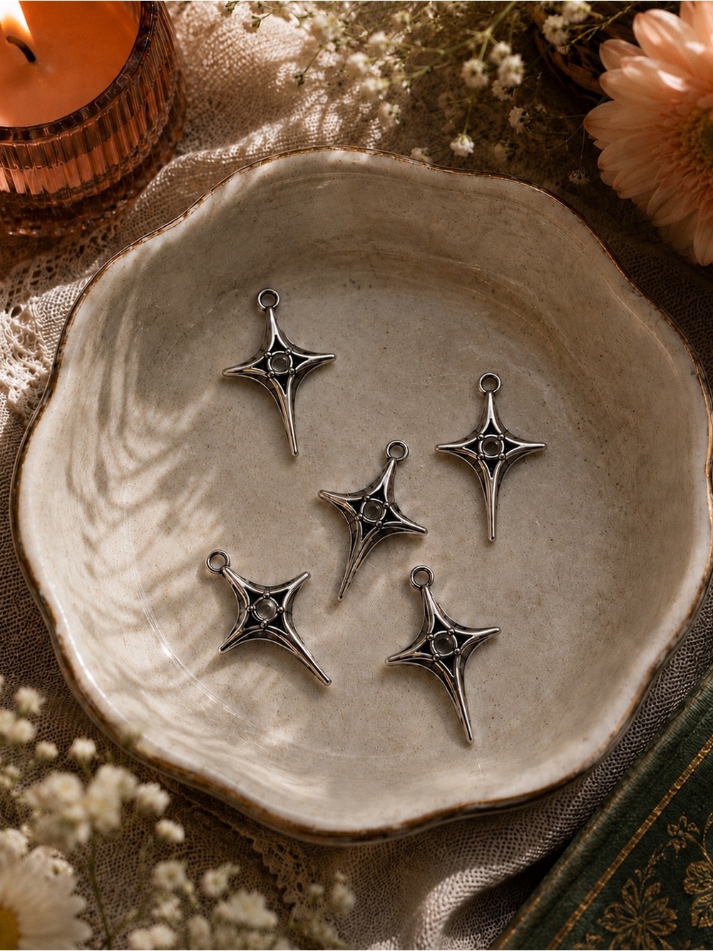 Lot of 5 Silver-tone Four-Point Starburst Charms | Celestial Zinc Alloy Pendants